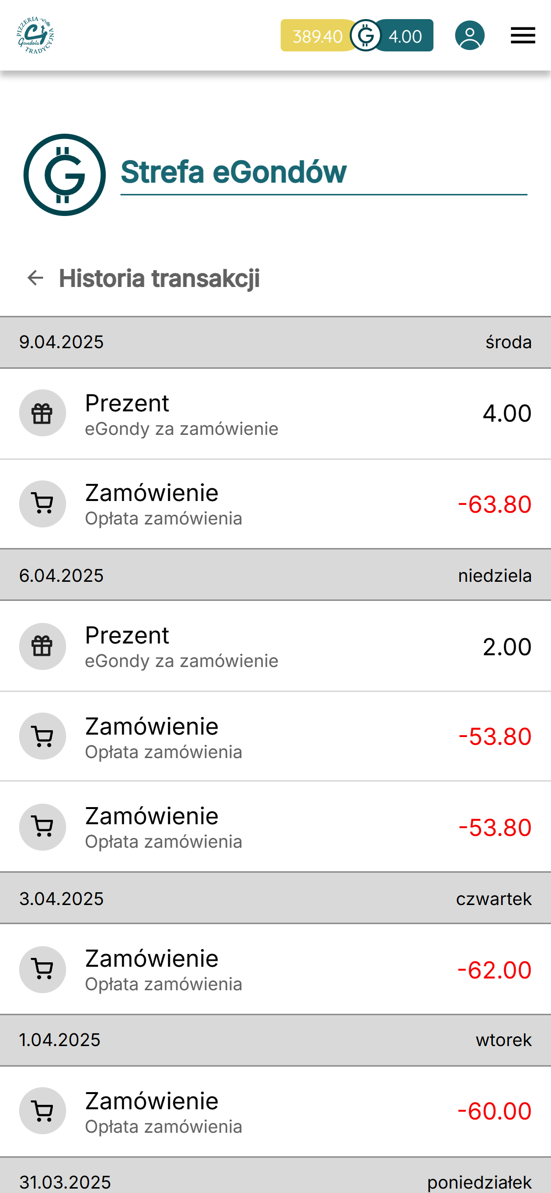 Screenshot zakładki eGondy w wersji mobilnej - historia transakcji