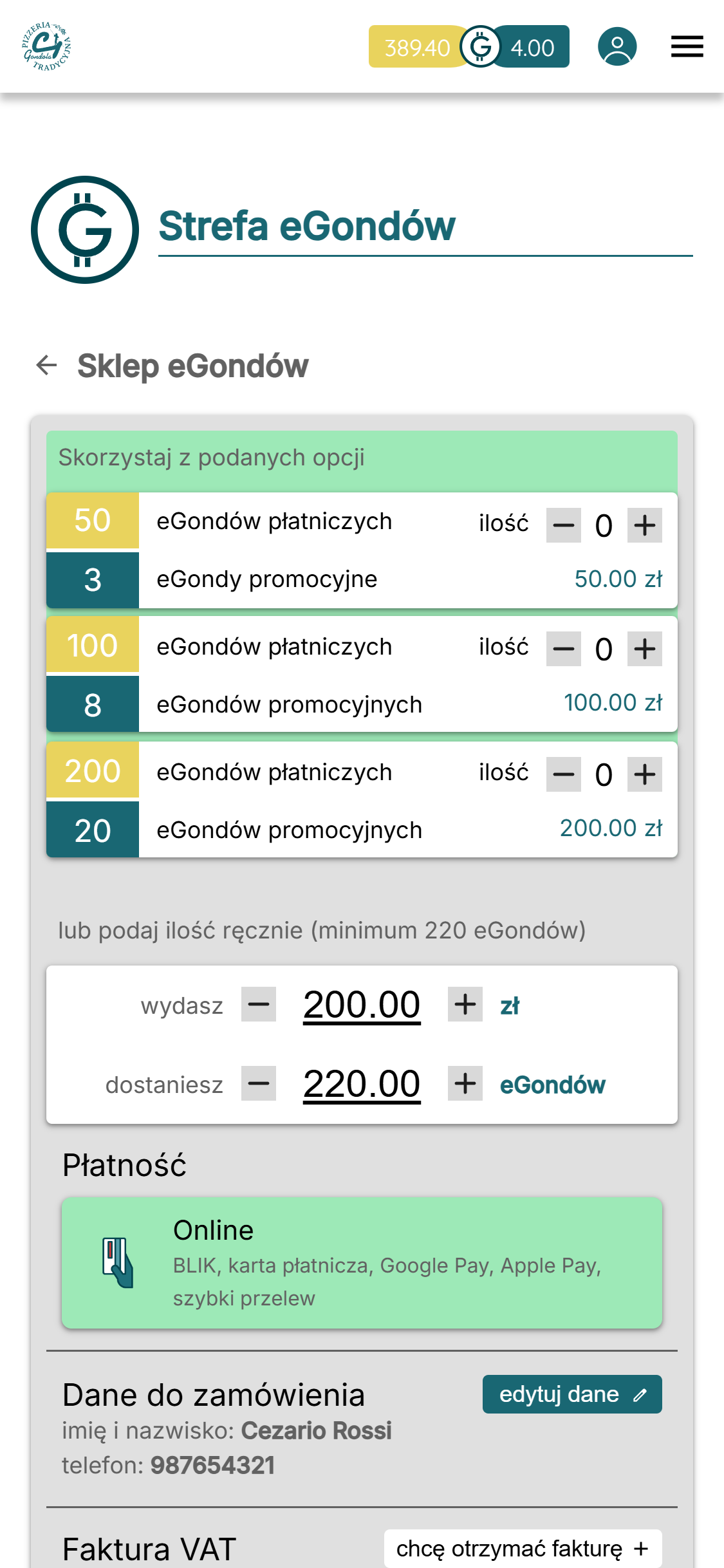 Screenshot zakładki eGondy w wersji mobilnej - sklep z eGondami