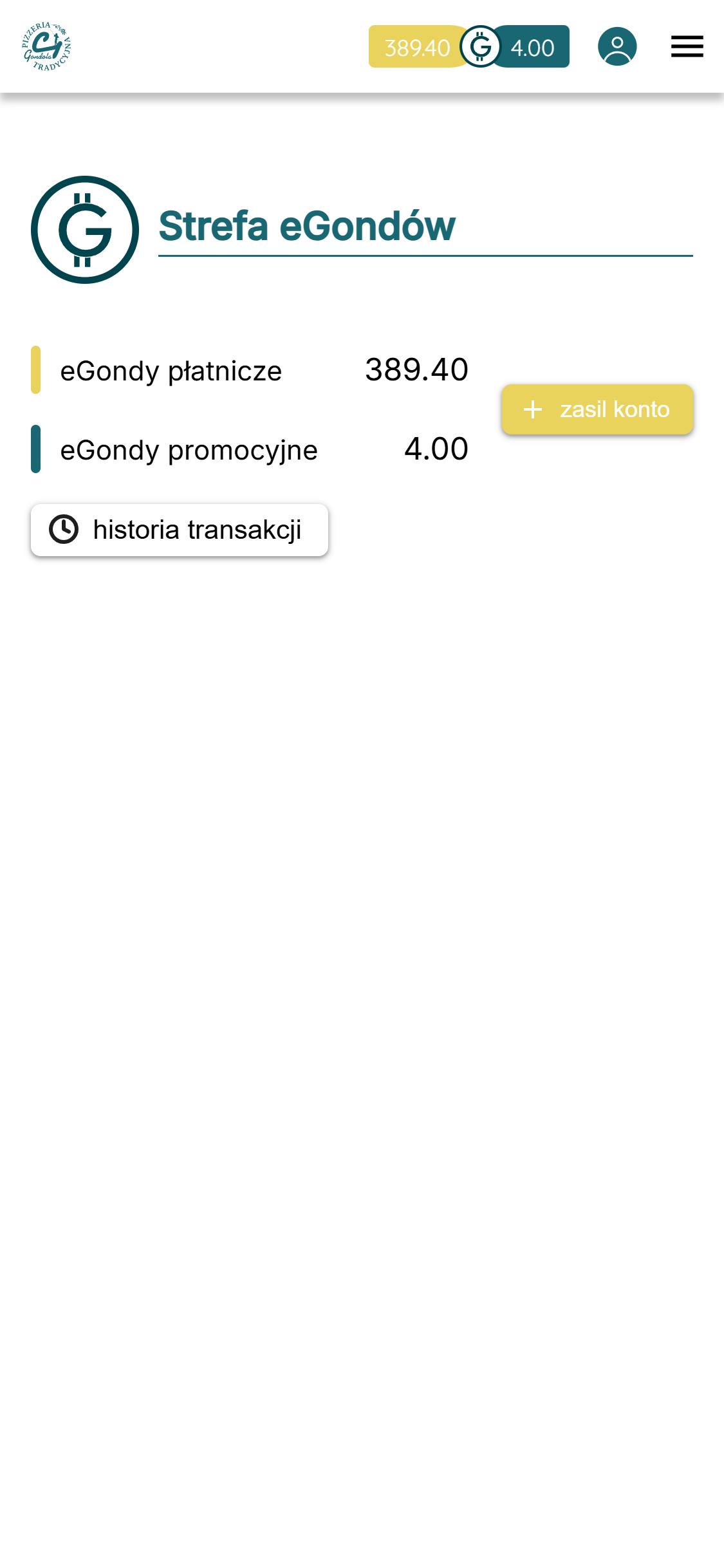 Screenshot zakładki eGondy w wersji mobilnej - portfel